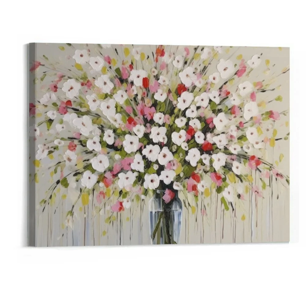 Chilfamy  20x16 Inch Hand-painted Floral Oil Painting Wall Deco Art White and Red Flower Bouquets Bloom in a Vase For Home Wall Decoration