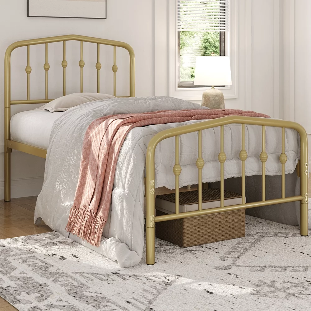 Topeakmart Twin Size Modern Metal Bed with Arched Headboard and Footboard, Antique Gold
