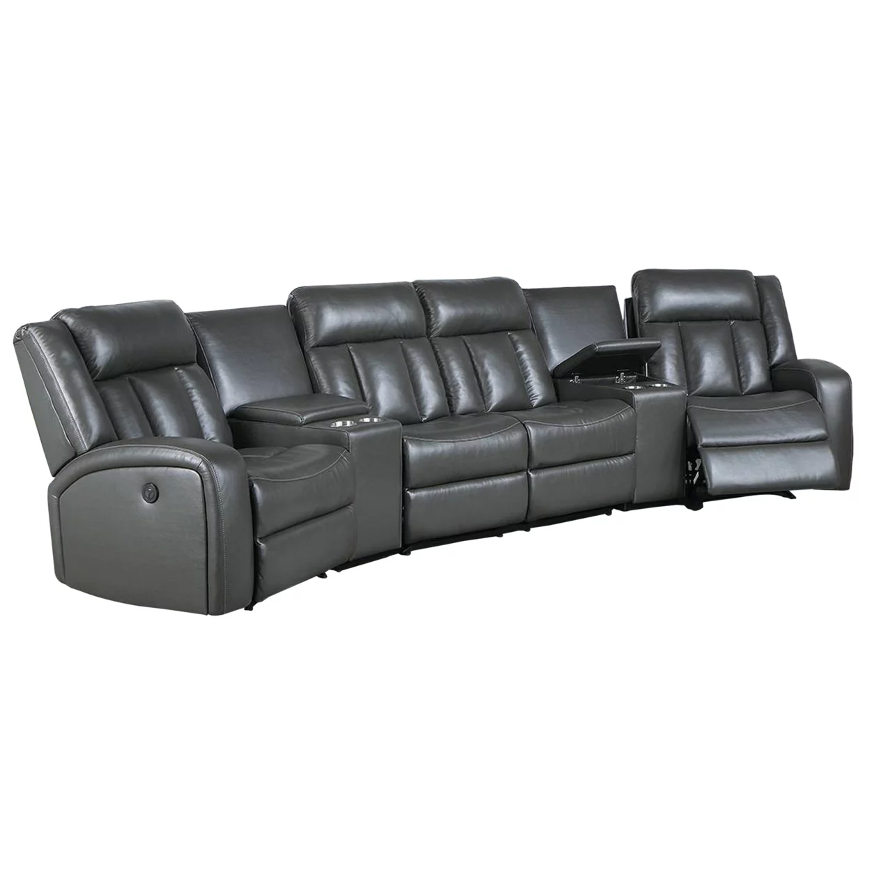 Max 5 Piece Power Recliner Sectional Sofa Set, Vegan Faux Leather, Gray- Saltoro Sherpi