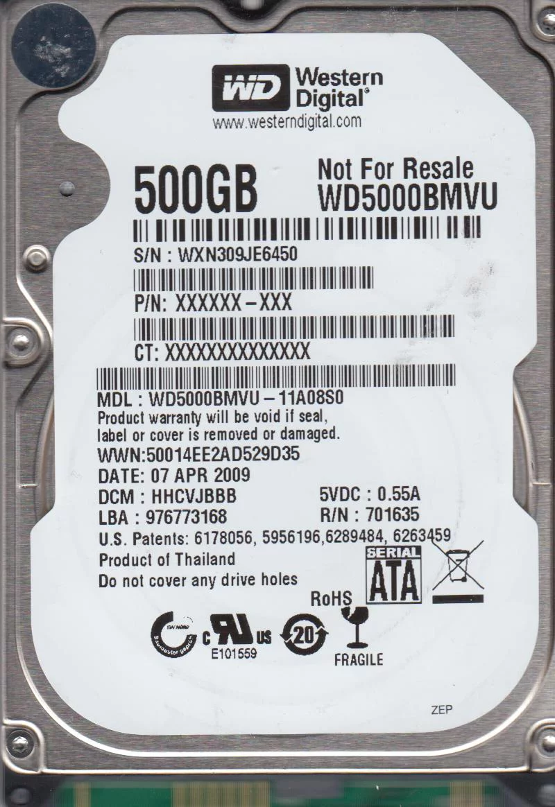 WD5000BMVU-11A08S0, DCM HHCVJBBB, Western Digital 500GB USB 2.5 Hard Drive