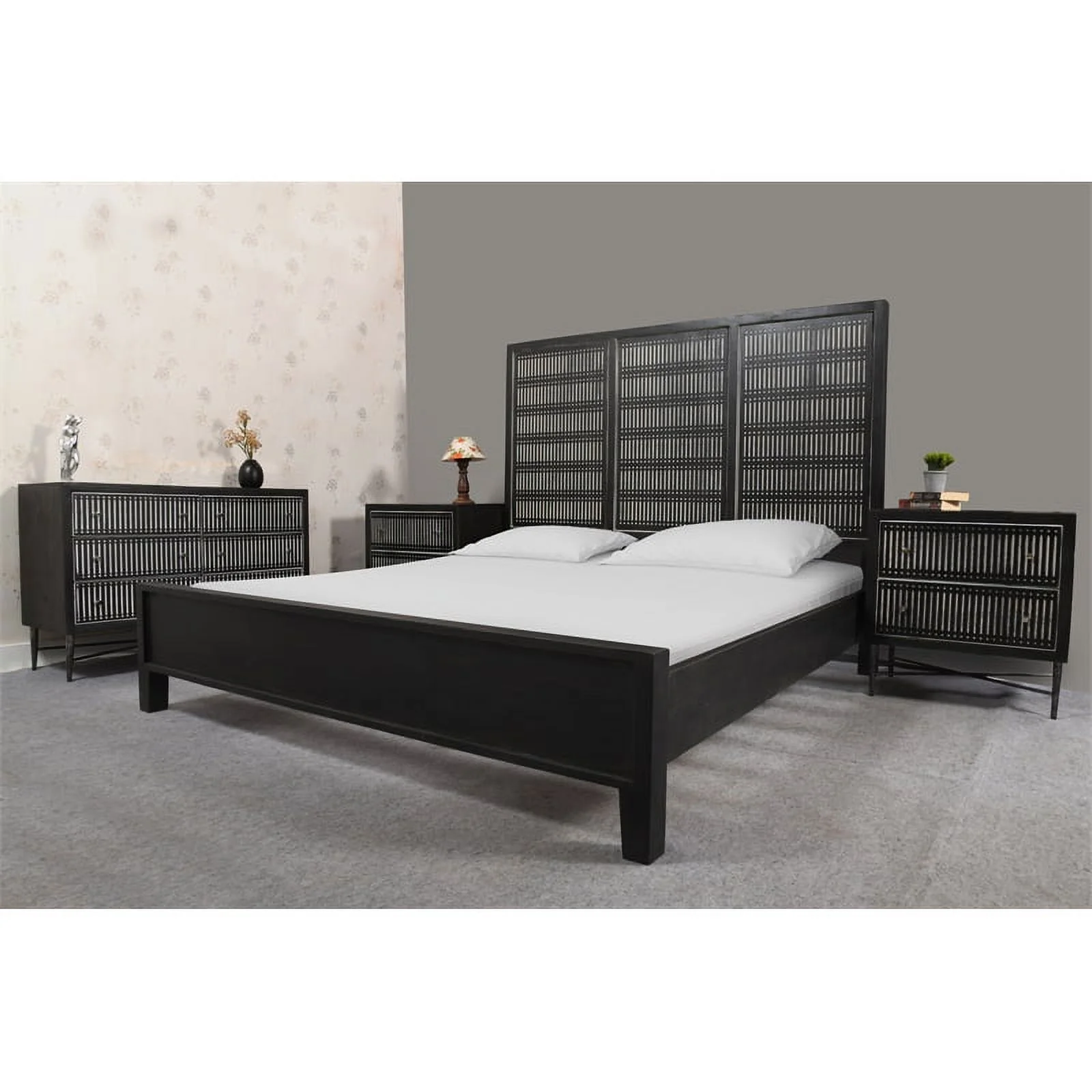 Sarah Eastern King Sized Solid Wood Bed in Antique Brown Finish