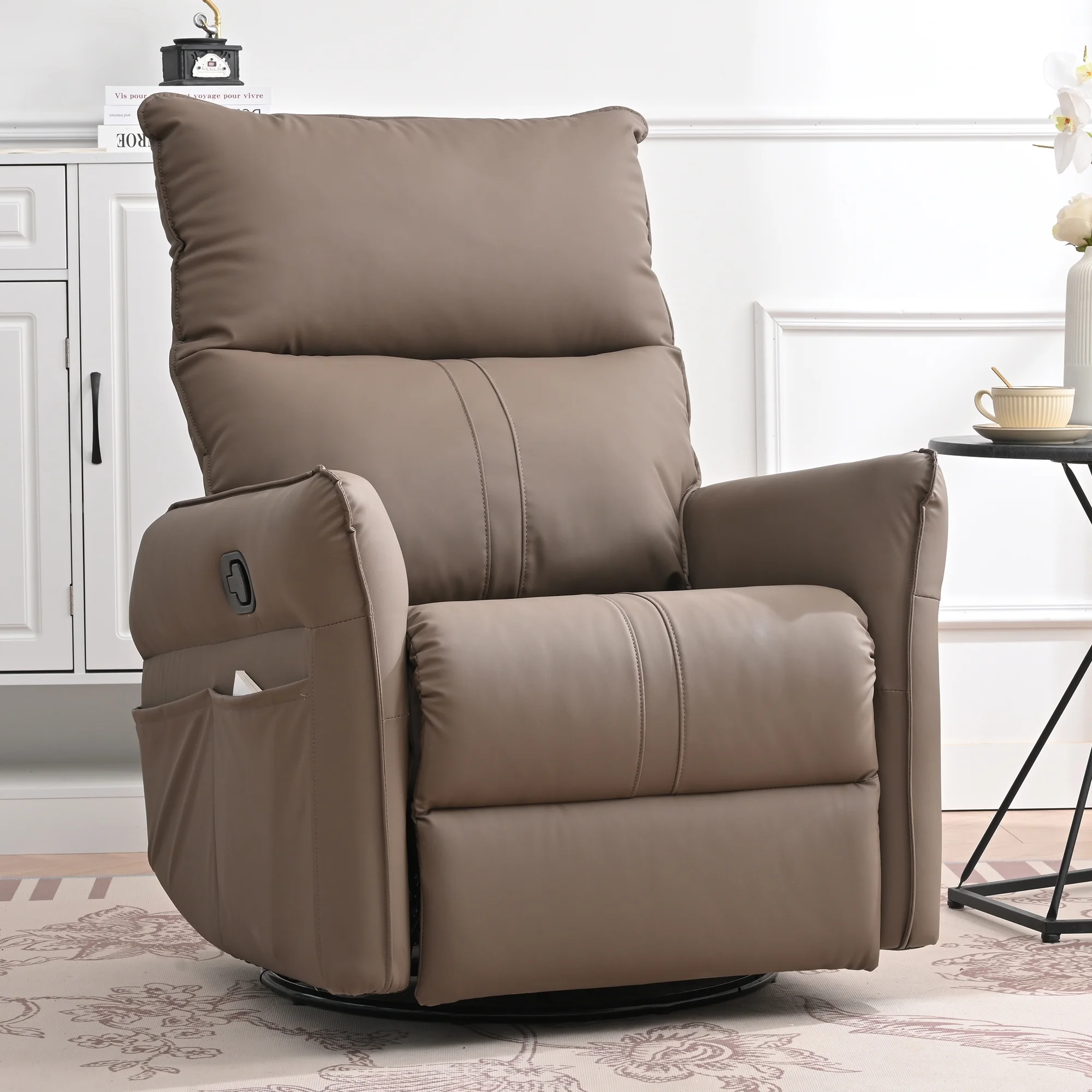 Muumblus 4-in-1 Swivel Glider Rocker Recliner Chair for Baby Nursery, Modern Faux Lehther Upholstered Theater Chir for Living Room, Brown