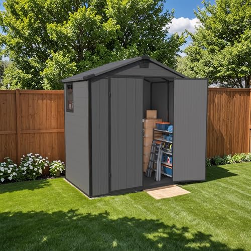 Patiowell 6 x 8 FT Plastic Outdoor Storage Shed with Floor, Resin Outside Tool Shed with Two Windows and Lockable Easy to Install, Door for Garden, Backyard, Tool Storage Use, Dark Grey