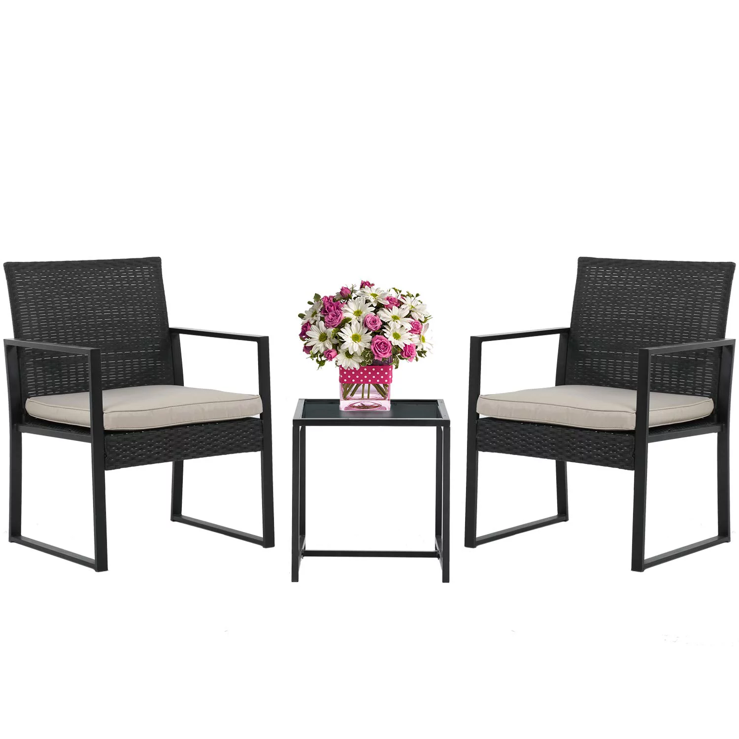 FDW Patio Bistro Set 3 Pieces Outdoor Wicker Chair Patio Rattan Furniture Wicker Conversation Sets Backyard Garden Balcony Poolside,Beige
