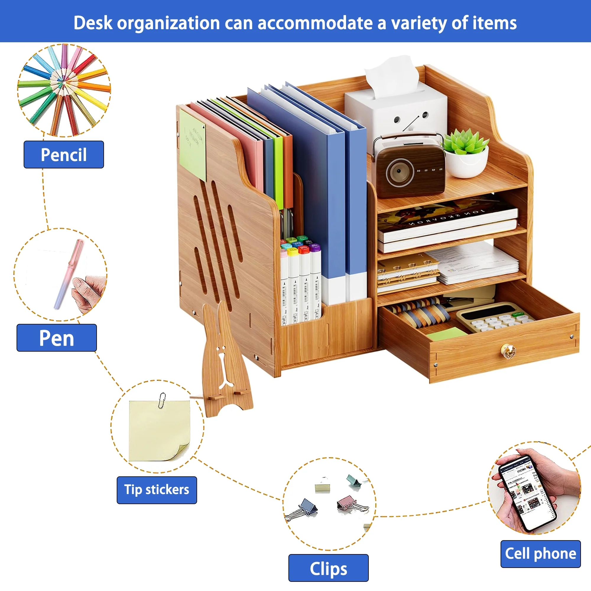 Catekro Wood Desk Organizer, Office Organizer, Desk Folder Standing for Office, School, Home（Brown）