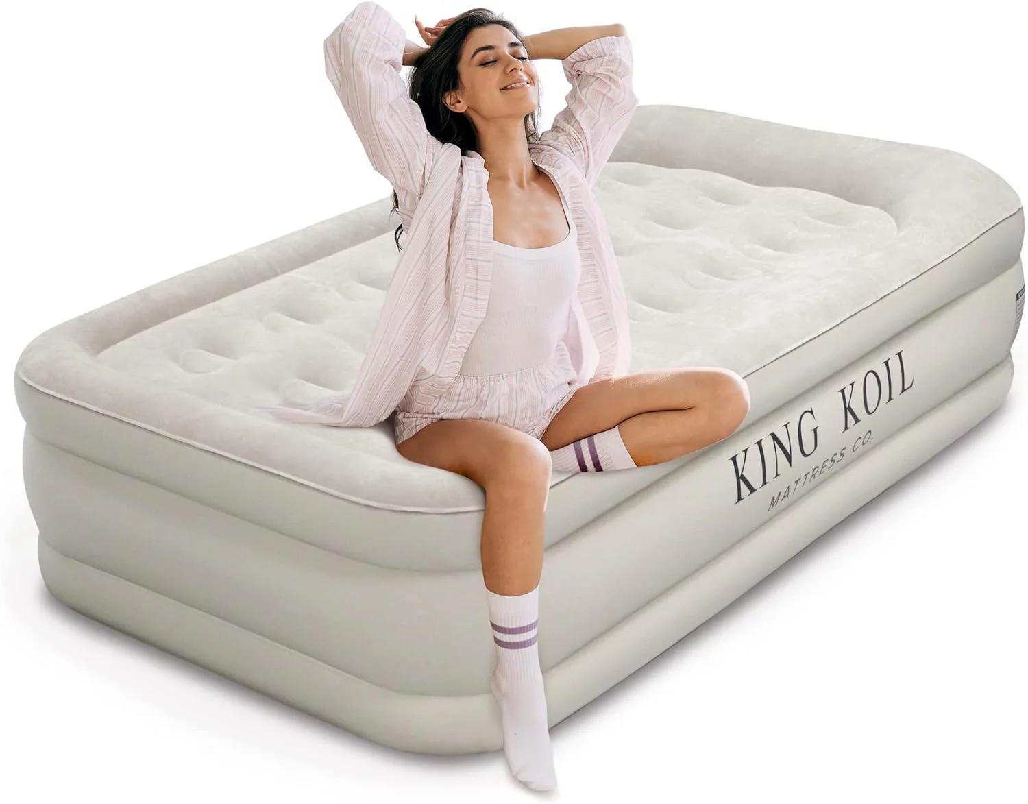 King Koil 20in Twin Air Mattress with Built-in Pump - Double High Elevated Raised Airbed for Guests with Comfortable Top Inflatable Bed with 1-Year Guarantee from The Manufacturer