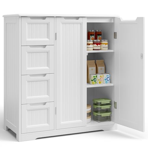 Gizoon Storage Cabinet, Bathroom Floor Cabinet, Kitchen Pantry, Side Storage Organizer with 4 Drawers & Double Doors, Coffee Bar Table, Adjustable Shelf, for Bathroom, Living Room, Entryway, White