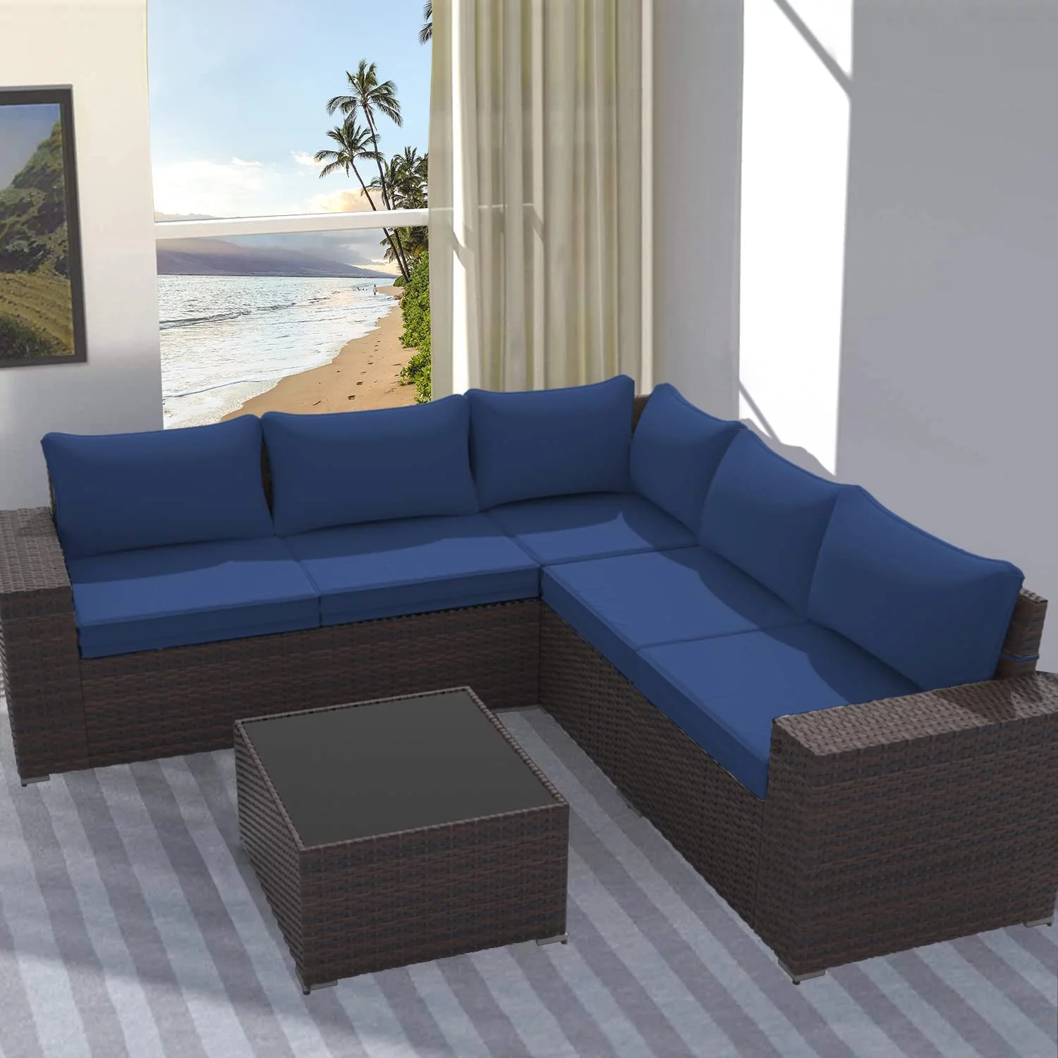 Gotland Outdoor Patio Furniture Set, 6 Pieces Outdoor Furniture All Weather Patio Sectional Sofa PE Wicker Modular Conversation Sets(navy blue)