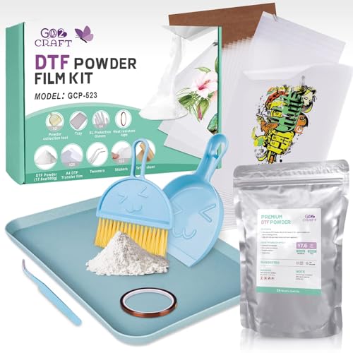 GO2CRAFT DTF Transfer Flim Powder Kit, 20Pcs DTF Film for DTF Sublimation Printer,17.6oz/500g White Digital Hot Melt Adhesive DTF Powder,Washable & Durable DTF Transfer Starter Kit for T-Shirt,Gifts