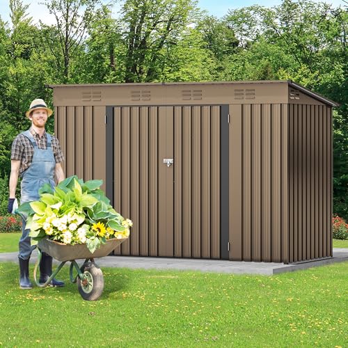 DWVO 9.1x4.2ft Large Outdoor Storage Shed, Metal Tool Sheds, Heavy Duty Tool Storage with Lockable Doors & Air Vent for Backyard Patio Lawn to Store Bikes, Tools, Lawnmowers,Brown