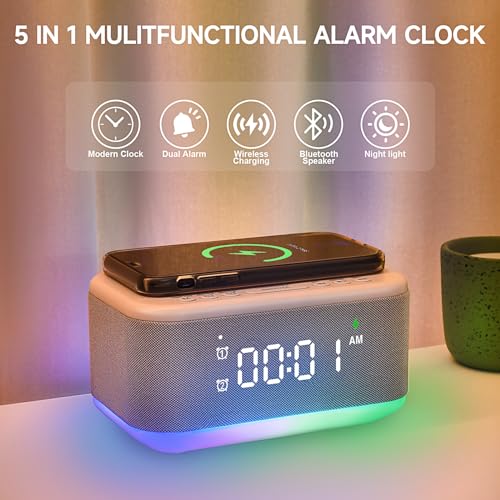 Alarm Clock Speaker Wireless Charger, Digital Alarm Clocks Bedrooms Bluetooth, Alarm Clock Dimmable Light Bedrooms Dual Alarm Snooze Dimmer 12 24H RGB Night Light Bluetooth USB AUX, Gray