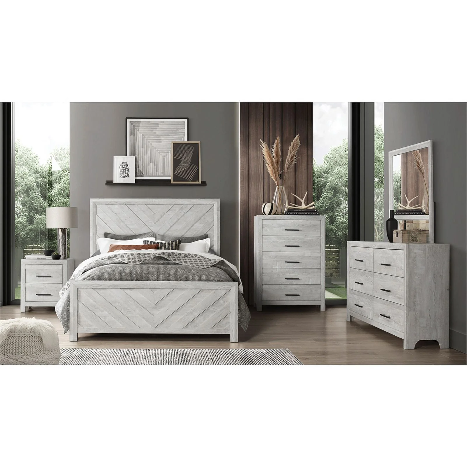 Pemberly Row King 5PC Modern and Contemporary Bedroom Set Made with Wood in Gray