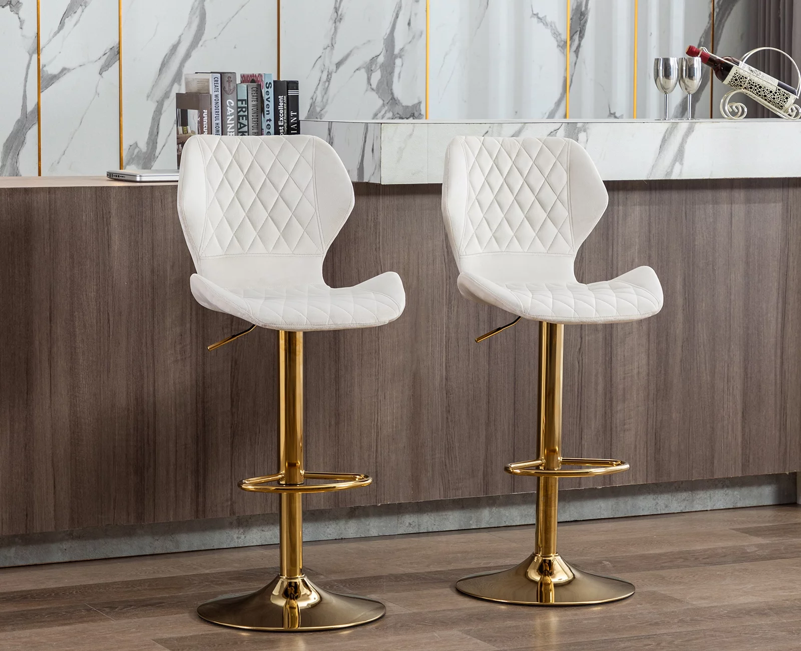 Guyou Adjustable Swivel Bar Stools Set of 2, Modern Velvet Counter Height Chairs with Backrest and Footrest for Kitchen Island Bar Restaurant, Cream