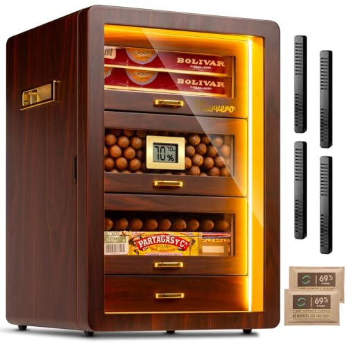 Desktop Cigar Humidor Cabinet Triple-Sided Light with Digital Hygrometer, Humidifier and Humidity Packs. 4 Ceder Wood Drawers, Cigar Humidor Box can hold 200 Cigars. Present for Men