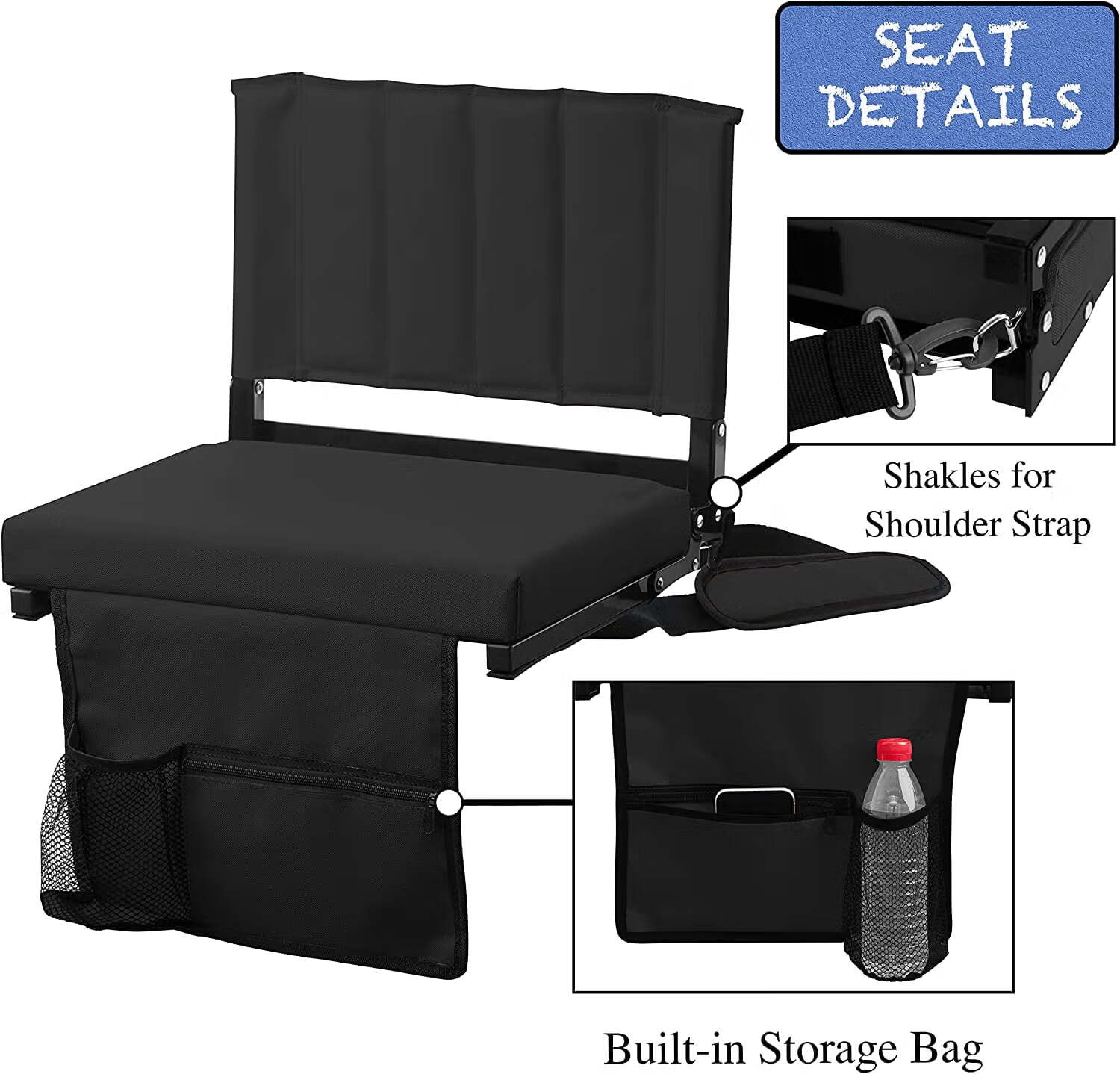 Amazingforless Stadium Seat for Bleachers with Padded Cushion Foldable Stadium Chairs with Strap and Cup Holder -Black