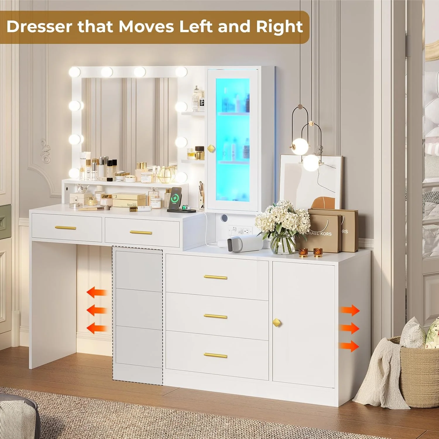 AOGLLATI Vanity Desk with Drawers & Storage Shelves,Makeup Table with Mirror and Ambient Light and Charging Station,White