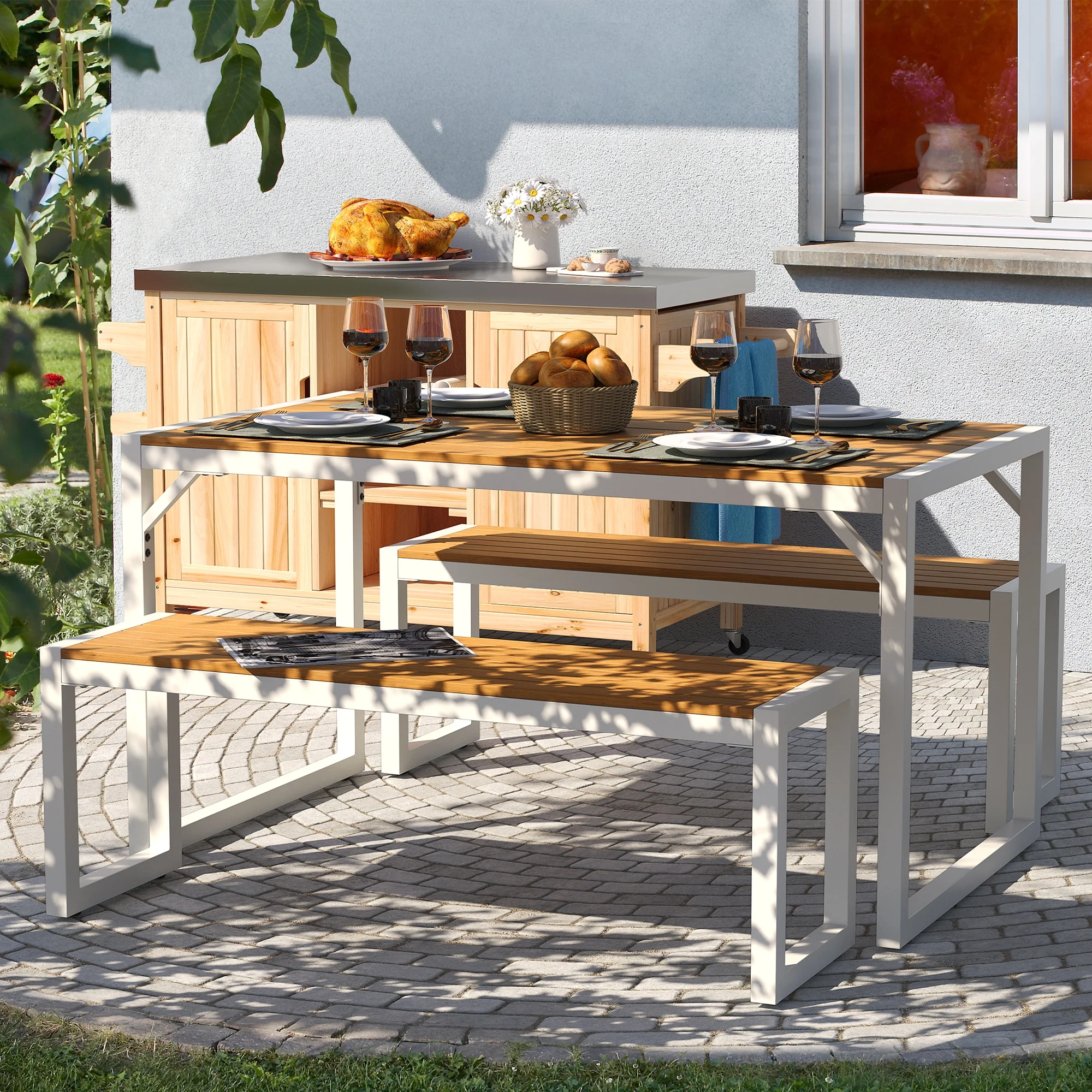 DWVO 3 Pieces Patio Dining Table Set, 2 Dining Bench and Wood Dining Table for 4-6 People - White & Wood