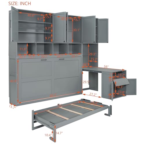 Ball & Cast Queen Size Murphy Bed, Folding Wall Bed with Desk, 68-inch Hideway Cabinet Bed, Hidden Platform Bed Frame for Bedroom,Office,Small Place,No Spring Box Needed, White