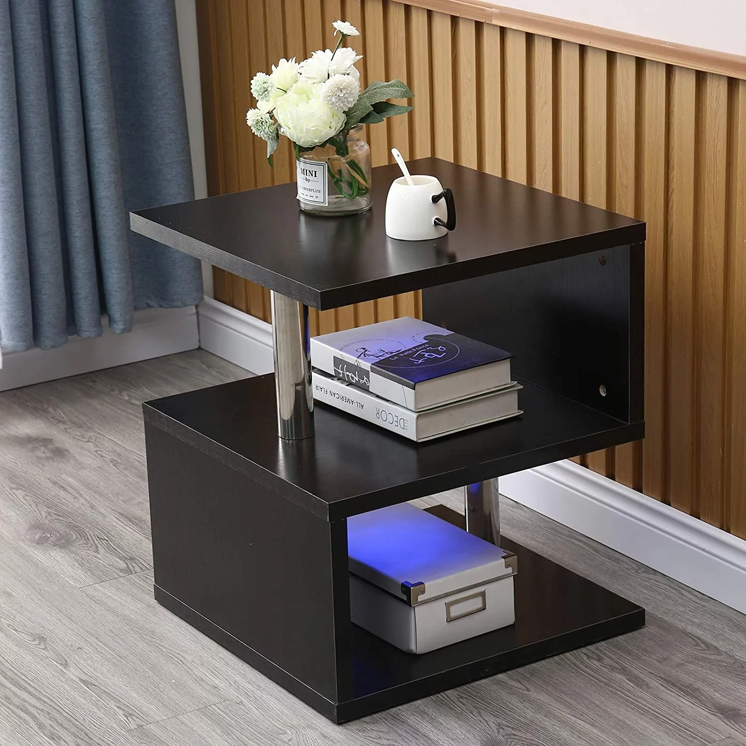 Modern 3Tier S-shaped Sofa Side End Table Furniture LED High Gloss Coffee Table Black