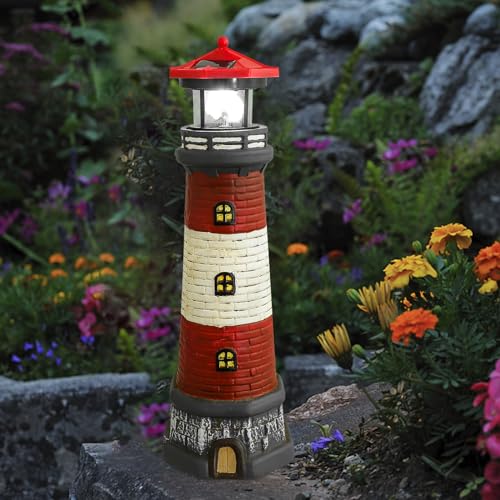 DOITOOL Solar Lighthouse Outdoor Decor LED Solar Powered Rotating Lighthouse Statue Garden Lighthouse Yard Lawn Patio