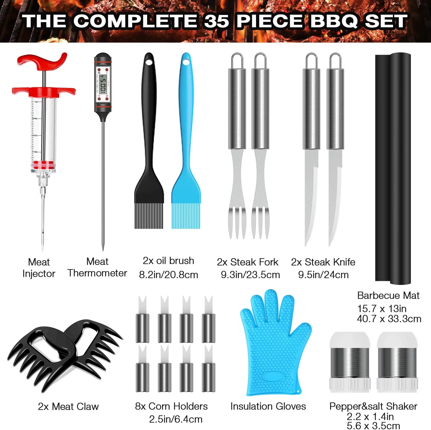 AISITIN  35Pcs BBQ Grill Grilling Accessories Tools Set, Barbecue Tool Sets with Thermometer, Steel Fork, Stainless Steel Tongs  BBQ Accessories for Grill Outdoor