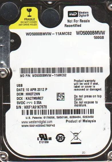 WD5000BMVW-11AMCS2, DCM HHOT2HN, Western Digital 500GB USB 2.5 Hard Drive