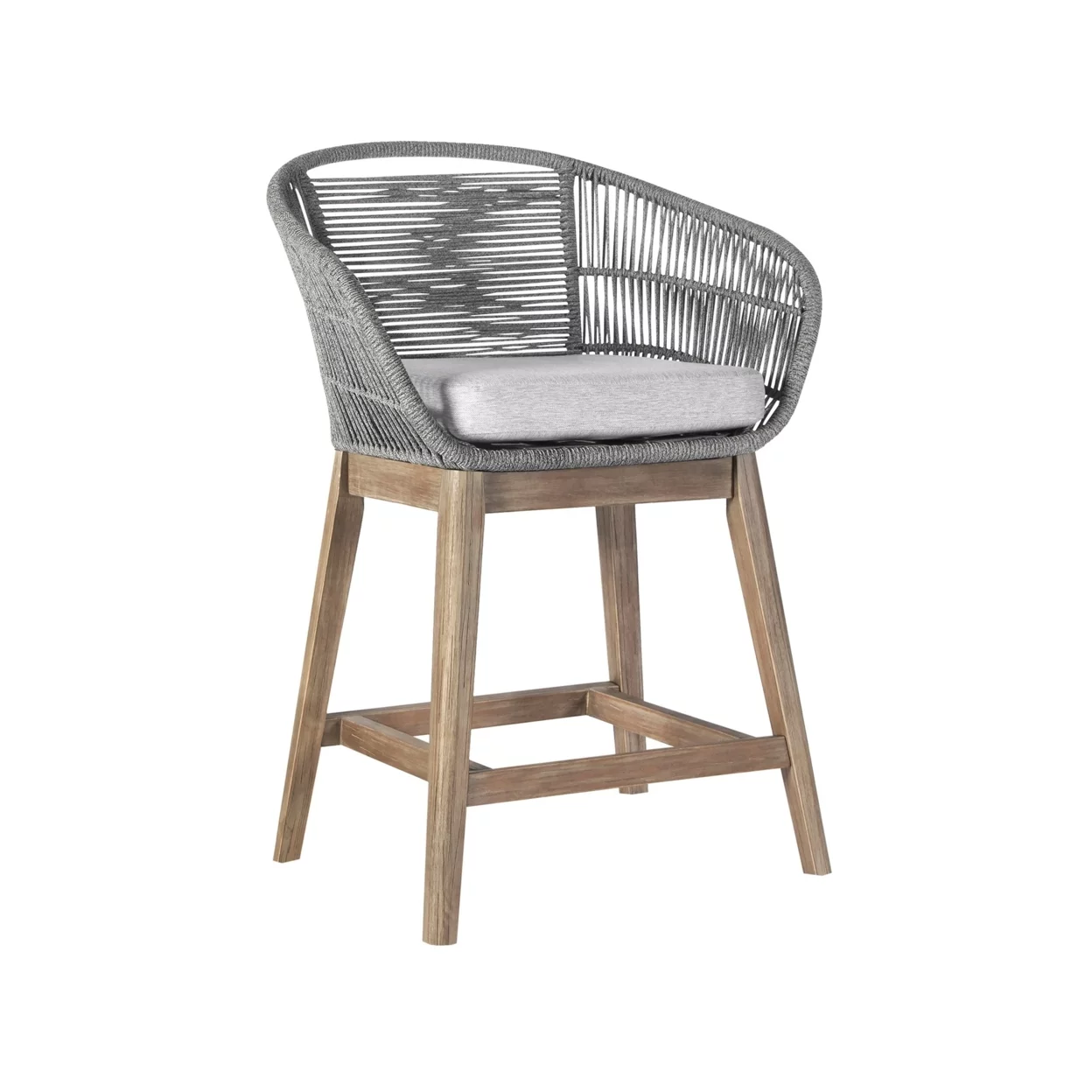 Mila 26 Inch Outdoor Teak Wood Counter Stool Chair, Rope Woven, Gray, Brown- Saltoro Sherpi