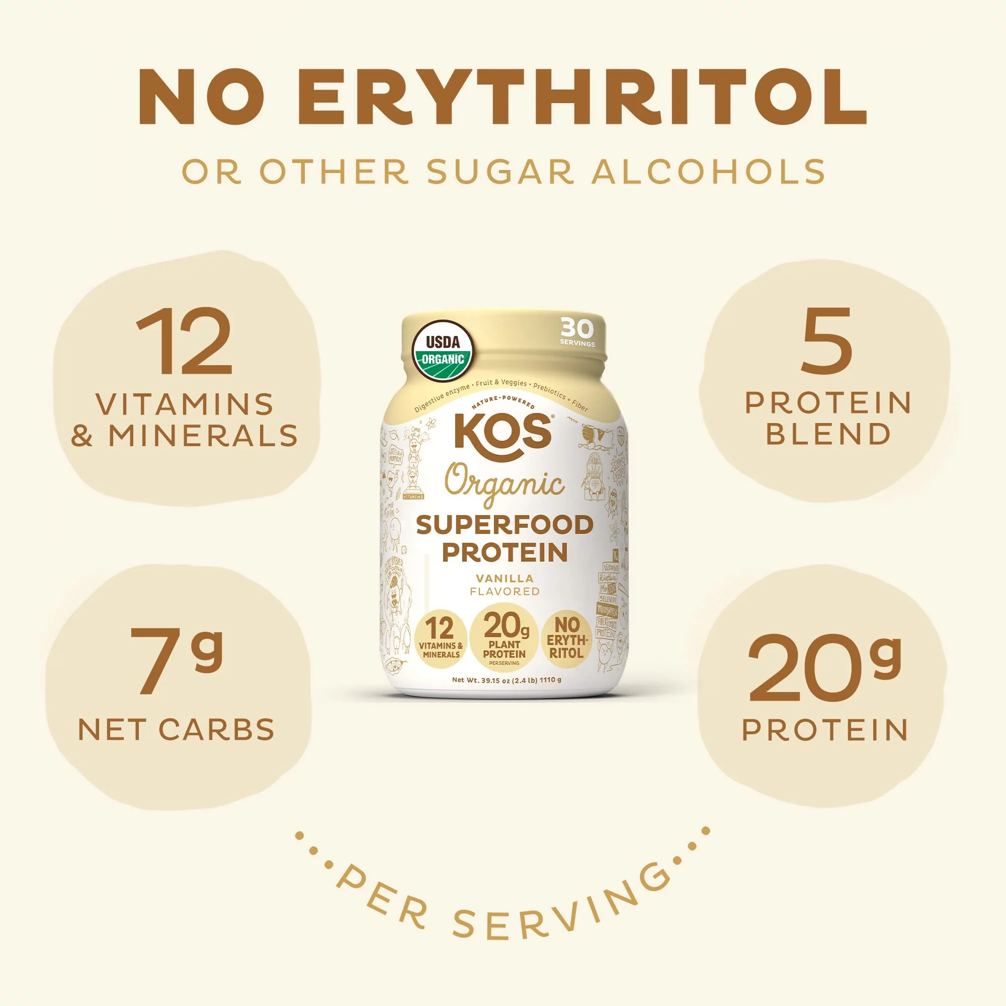 KOS Vegan Protein Powder Erythritol Free, Vanilla USDA Organic - Pea Protein Blend, Plant Based Superfood Rich in Vitamins & Minerals - Keto, Dairy Free - Meal Replacement for Women & Men, 30 Servings