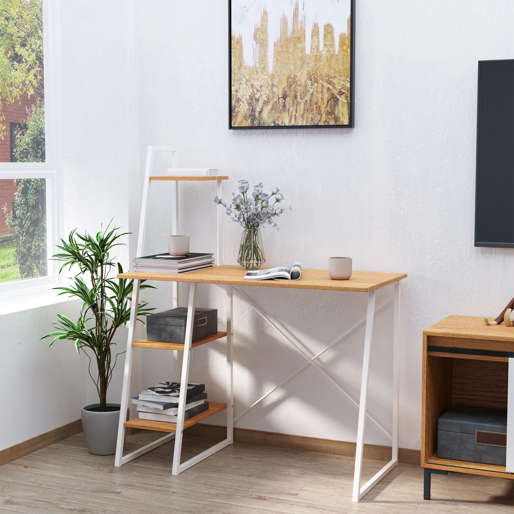 HOMCOM Home Office Computer Desk Study Writing Table Workstation with 3-Tier Open Storage Shelves, Large Desktop and Metal X-Bar Frame, Natural/White