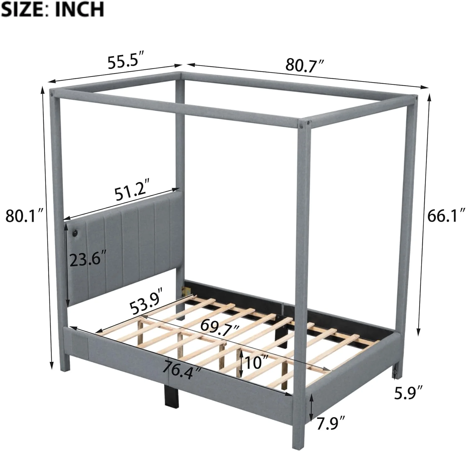 Upholstery Full Size Canopy Platform Bed with Headboard, Full Platform Bed Frame with USB and Type-C Ports,Modern 4 Poster Bed for Teens Adults, No Box Spring Needed
