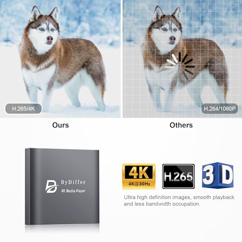 ByDiffer 4K Ultra HD Digital Media Player, TV MP4 Video Player for USB Drive/Micro SD Card, H.265/HEVC, Digital Signage, Auto Playback, HDMI/AV/Optical Output (Grey)