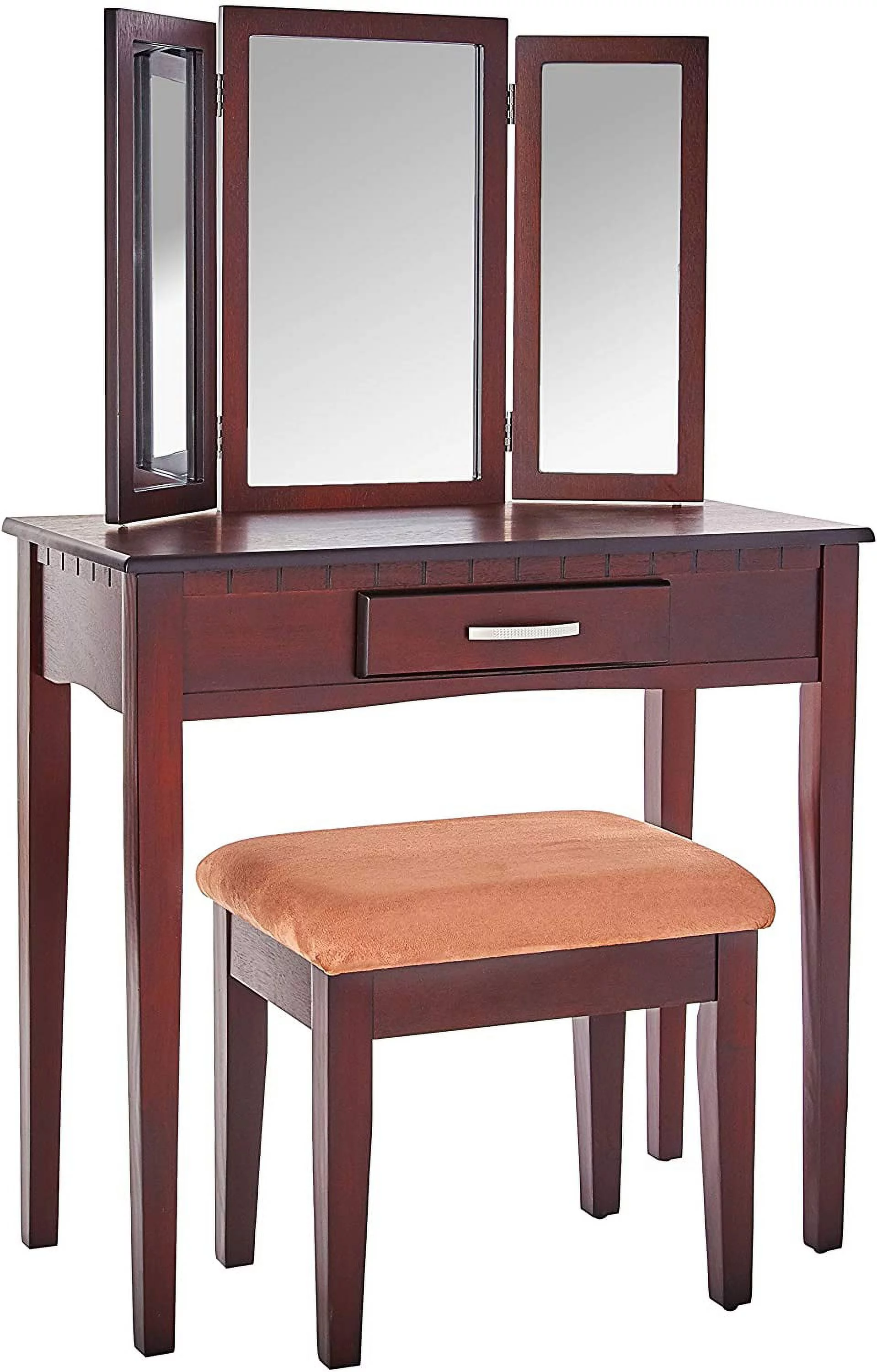 FRENCHI FURNITURE Home Furnishing 2 Piece Home Furnishing Stool Set & Vanity THREE MIRROR Mahogany