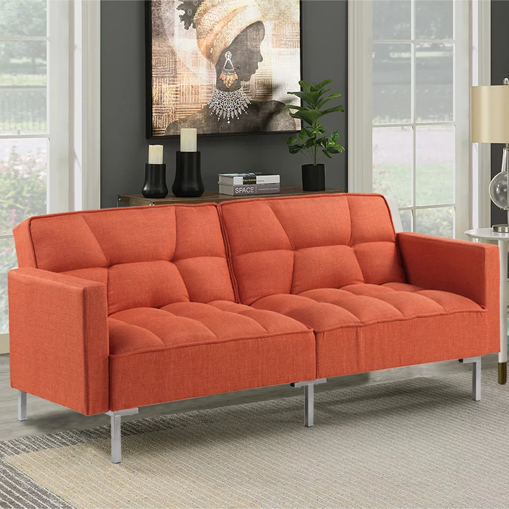 Orange Futon Sofa Bed, Convertible Folding Sofa Bed, Modern Upholstered Sleeper Sofa Bed with 2 Pillows and Metal Legs, Heavy Duty Futon Sofa Furniture for Living Room Bedroom Dorm Apartment