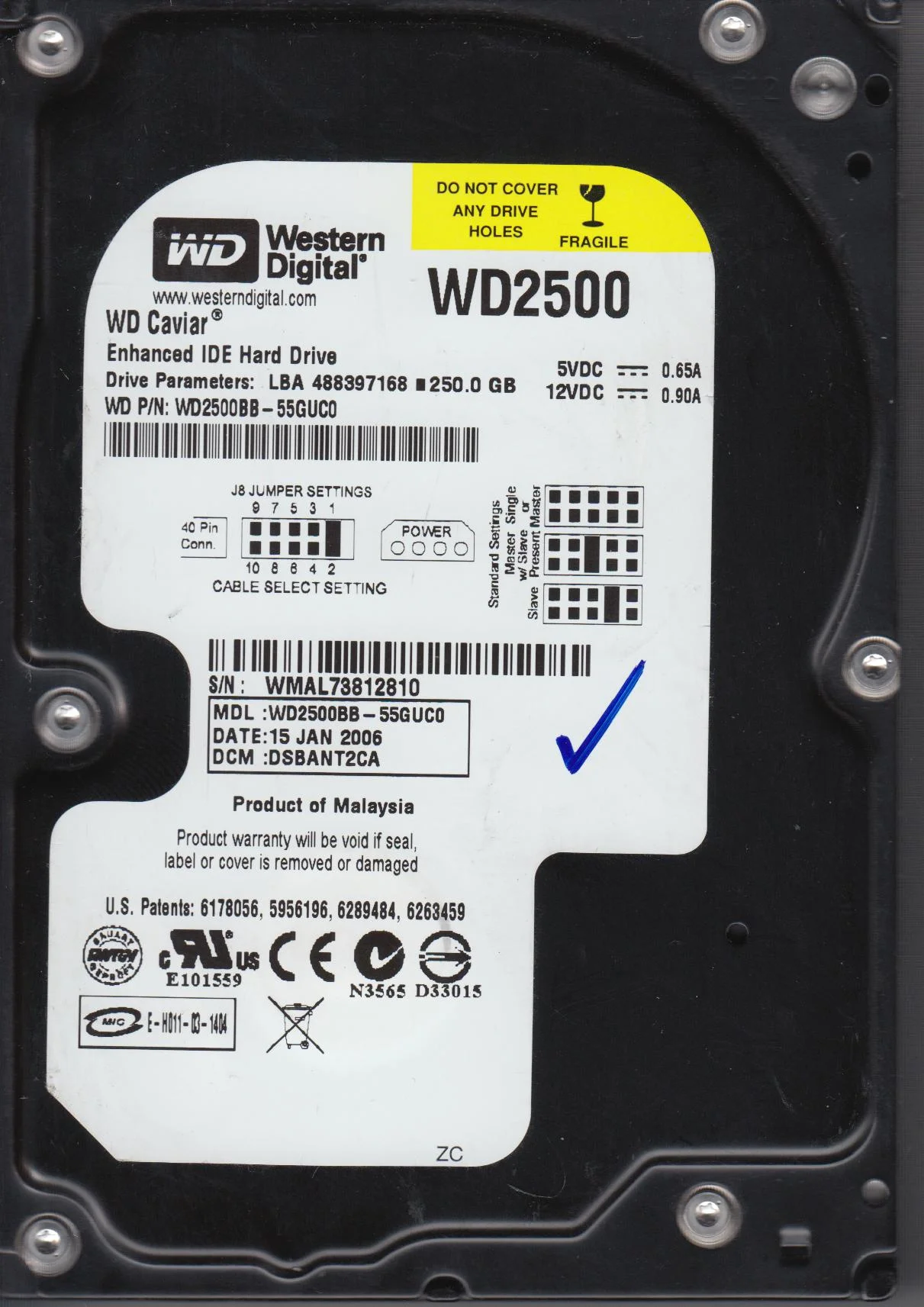 WD2500BB-55GUC0, DCM DSBANT2CA, Western Digital 250GB IDE 3.5 Hard Drive