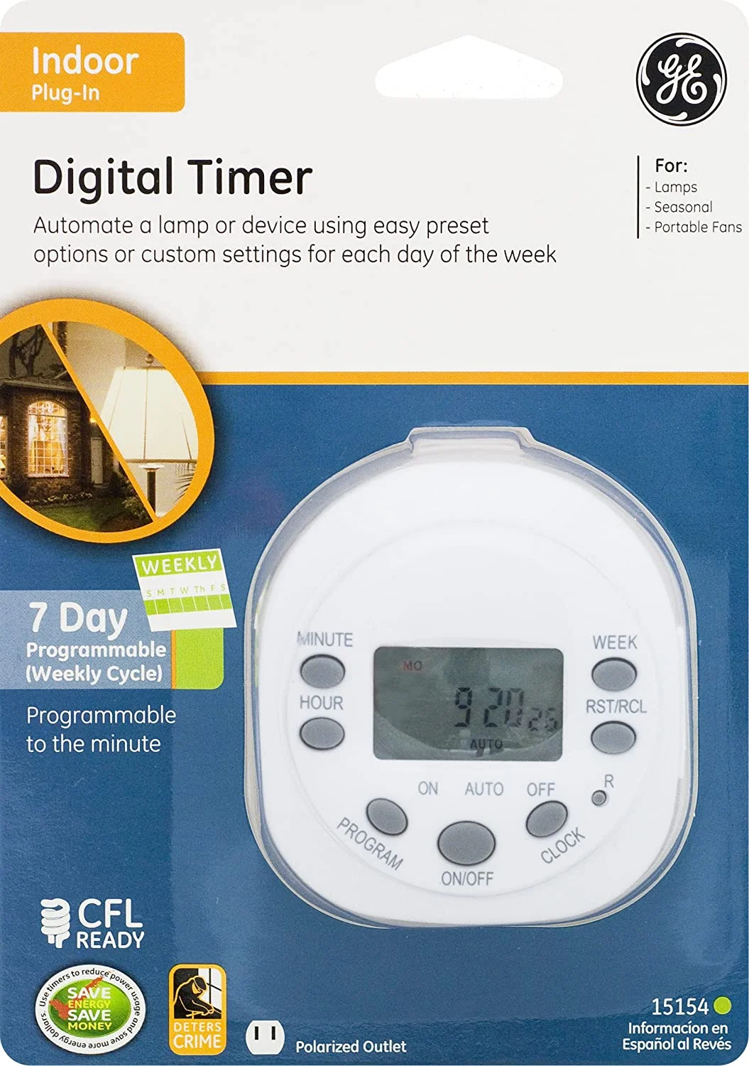 GE 7-Day Programmable Digital Timer, 1 Outlet Polarized, Plug-In Indoor, LED, CFL, Incandescent, Ideal for Lamps, Portable Fans, Seasonal Lighting, Small Appliances, 15154