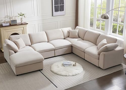 Cloud Couch Modular Sectional Sofa Modern Oversized Couches with Ottoman 7 Seater L-Shaped Sofas Comfy Couches for Living Room Spacious Space Apartment Lounge, Cream