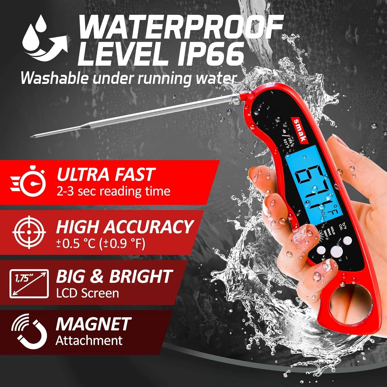 Digital Instant Read Meat Thermometer - Waterproof Kitchen Food Cooking Thermometer with Backlight LCD - Best Super Fast Electric Meat Thermometer Probe for BBQ Grilling Smoker Baking Turkey