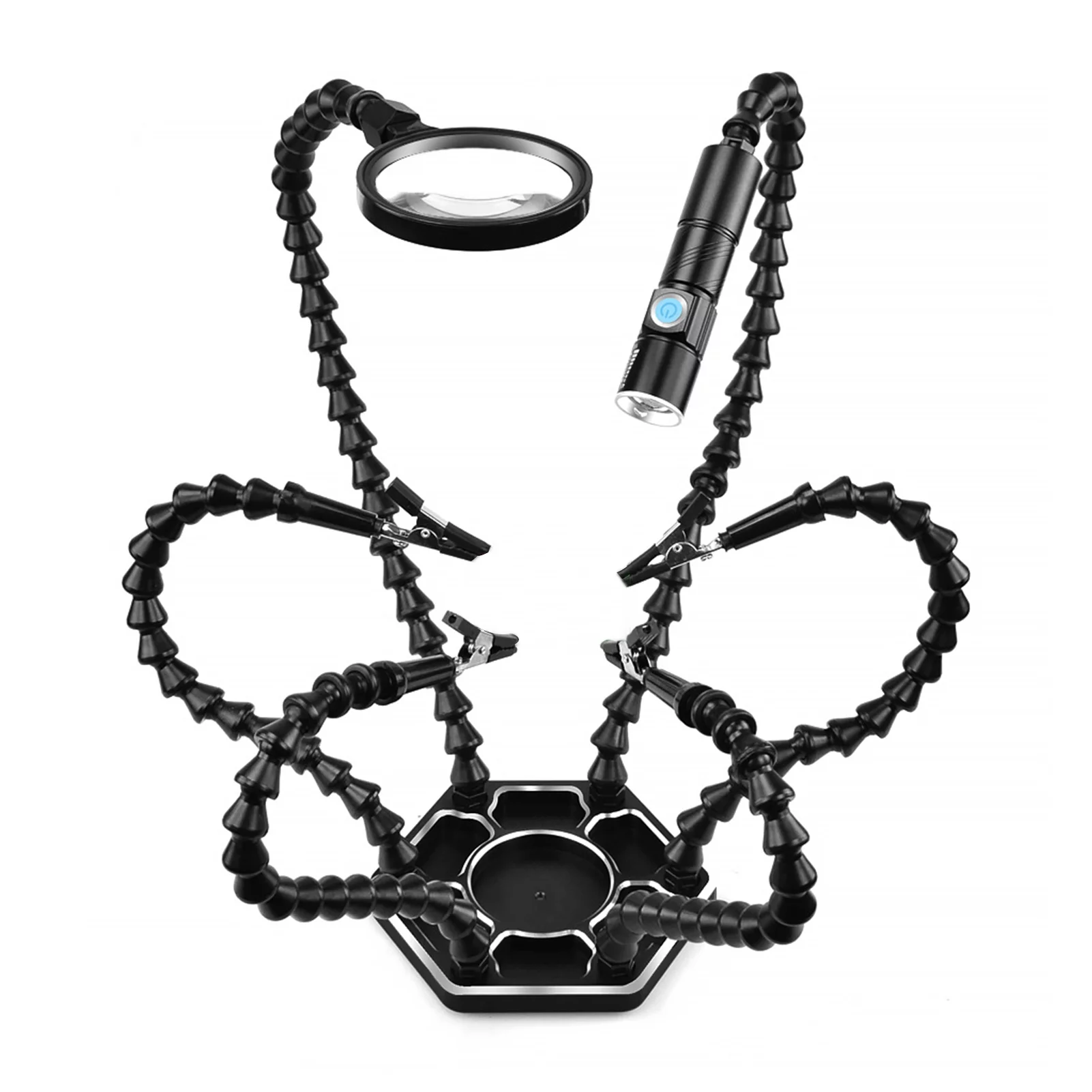 Yabuy Helping Hands Soldering Third Hand PCB Tool with 6 Flexable Arms Light Rotatable Clips and Stable Desk Clamp Base for Soldering Assembly Modeling DIY Black