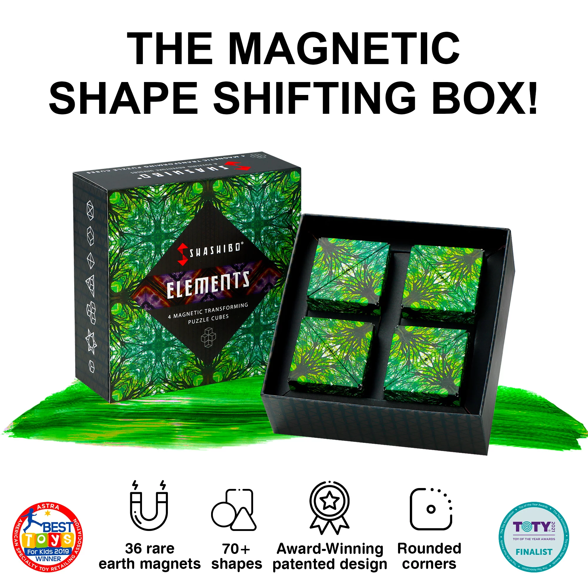 SHASHIBO Gift Box of 4 - Award-Winning, Patented Fidget Cube w/ 36 Rare Earth Magnets - Extraordinary 3D Magic Cube – Shashibo Cube Magnet Fidget Toy Transforms Into Over 70 Shapes (Elements)