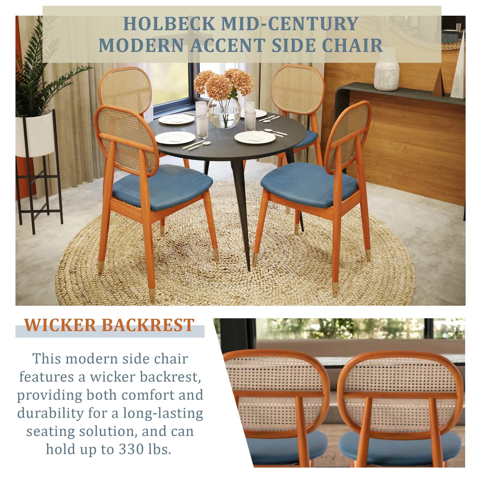 LeisureMod Holbeck Mid-Century Modern Wicker Dining Chair with Upholstered Leather Seat and Beech Wood Legs, Accent Side Chair for Kitchen and Dining Room Set of 4 (Navy Blue)
