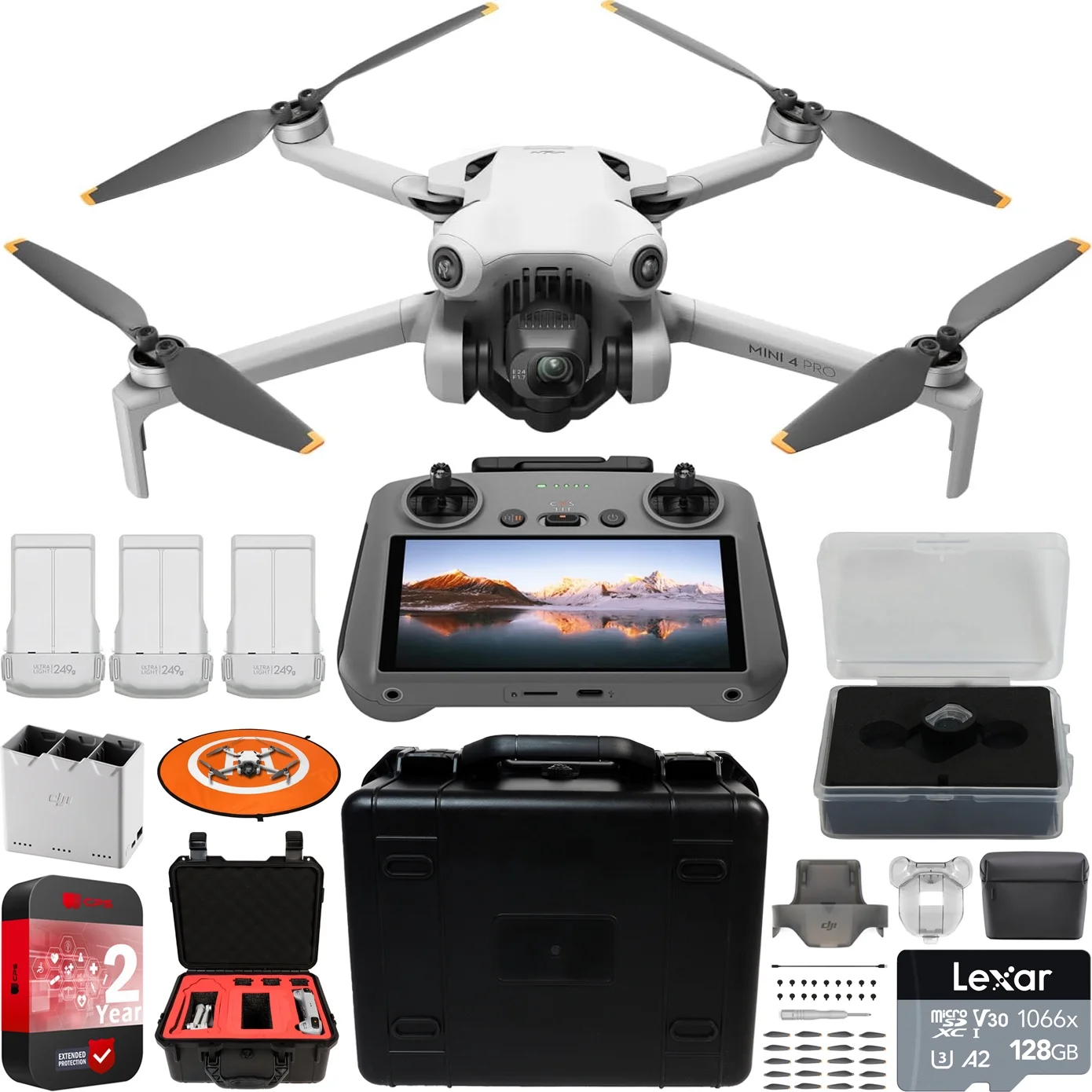 DJI Mini 4 Pro Folding Drone with RC 2 Remote (With Screen) Fly More Combo, 4K HDR Video Camera, Under 249g, 3 Batteries Bundle with Deco Gear Custom Hard Case + Wide Angle Lens & Accessories