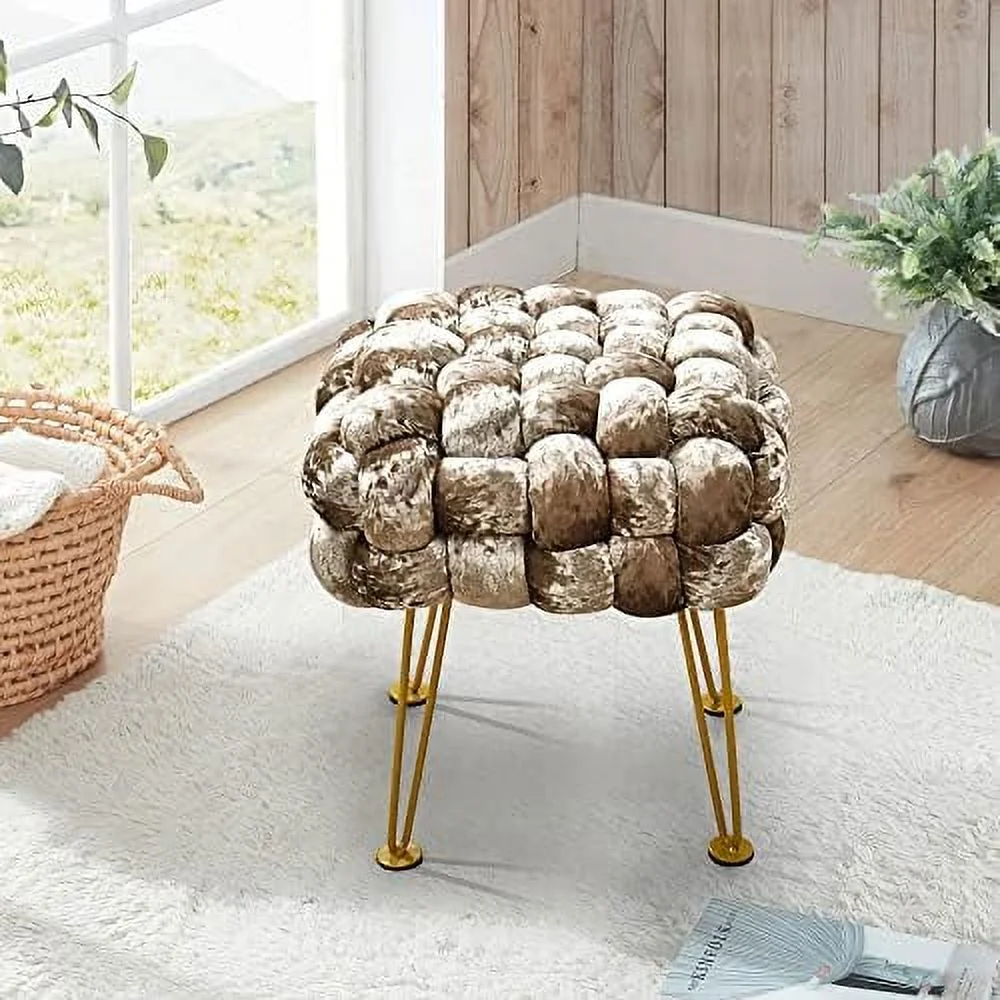 RUNFAYBIU Teal Soft Upholstered Ottoman Entryway Bench Seat 16"x16"x16" Blue Sturdy Accent Coffee Table for Living Room Make Up Vanity Fluffy Shoe Stool with Golden Legs for B