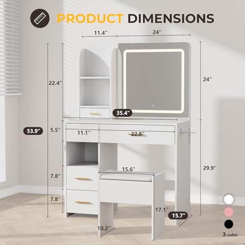 Vanity Desk with LED Lighted Mirror&Power Outlet, 3 Lighting Colors Makeup Vanity Desk with 5 Large Drawers and 3 Storage Shelves, Vanity with Storage Stool for Bedroom, White