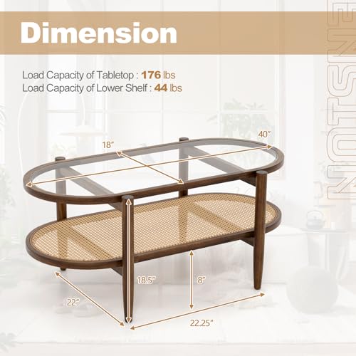 Giantex Rattan Coffee Table, 2-Tier Oval Wood Tea Table with Tempered Glass Tabletop & PE Rattan Storage Shelf, 40