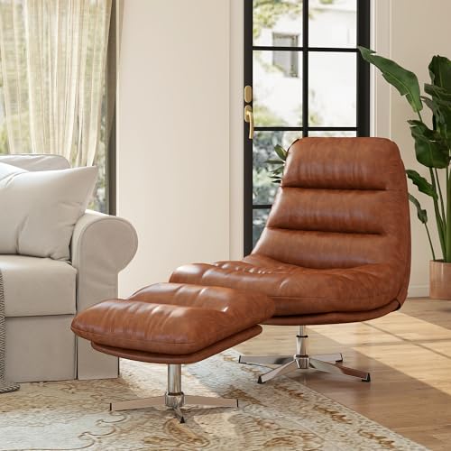 Modern Swivel Accent Chair with Ottoman Set, PU Leather Oversized Armless Reading Chair with Footrest, 33'' Wide Upholstered Lounge Chairs with Footstool for Living Room Bedroom Comfy, Brown