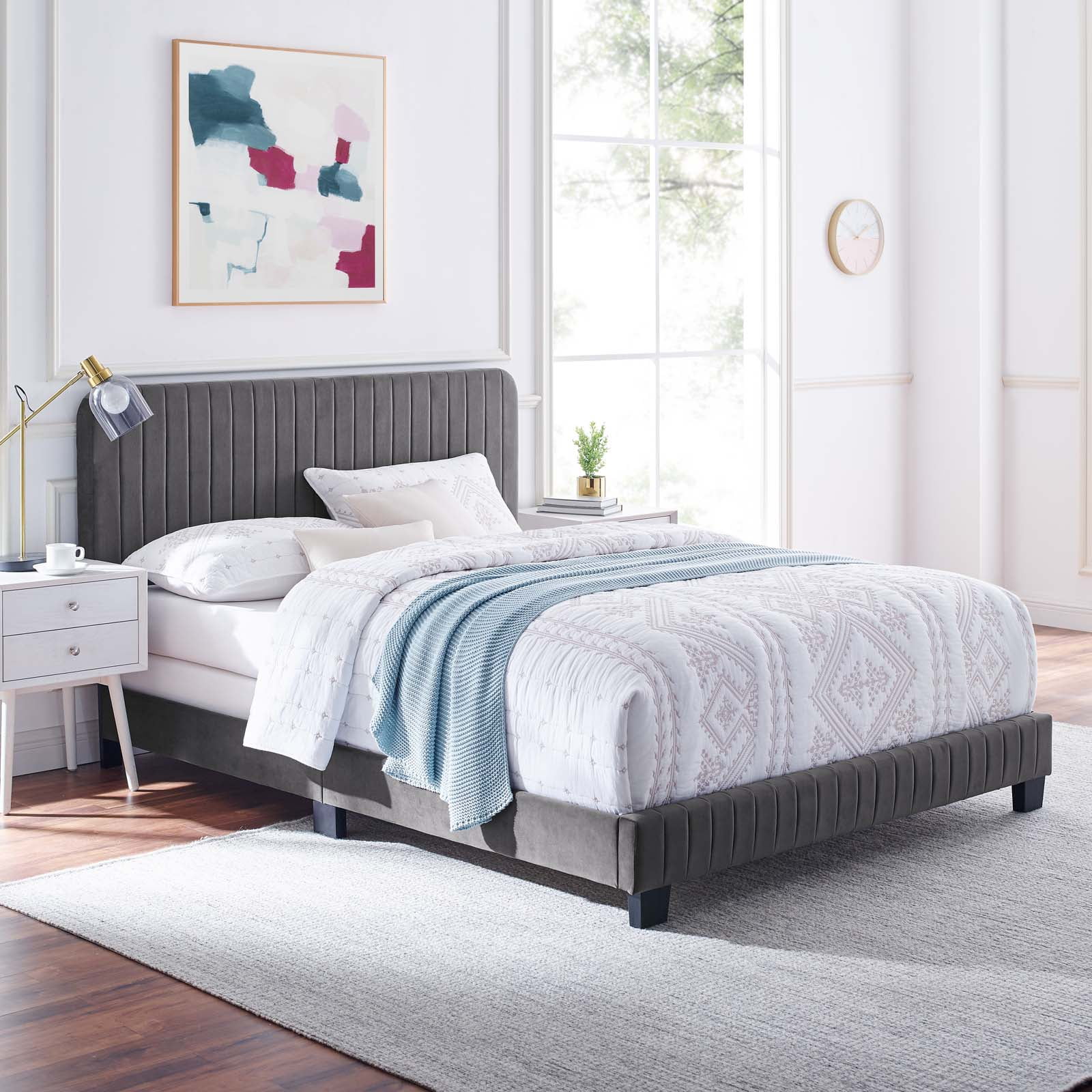 Tufted Platform Bed Frame, King Size, Velvet, Grey Gray, Modern Contemporary Urban Design, Bedroom Master Guest Suite