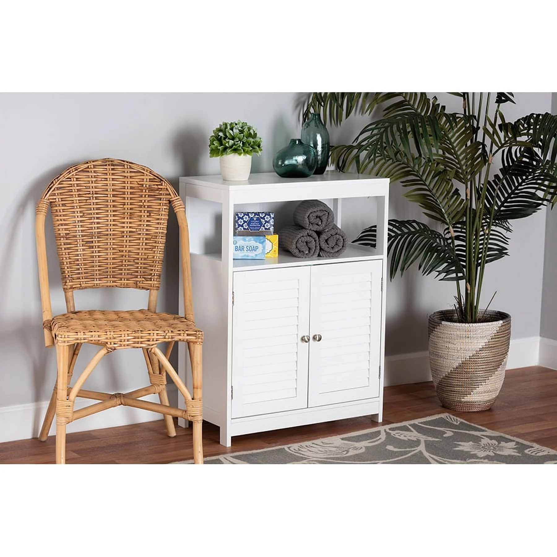 Baxton Studio Rivera Modern and Contemporary White Finished Wood and Silver Metal 2-Door Bathroom Storage Cabinet