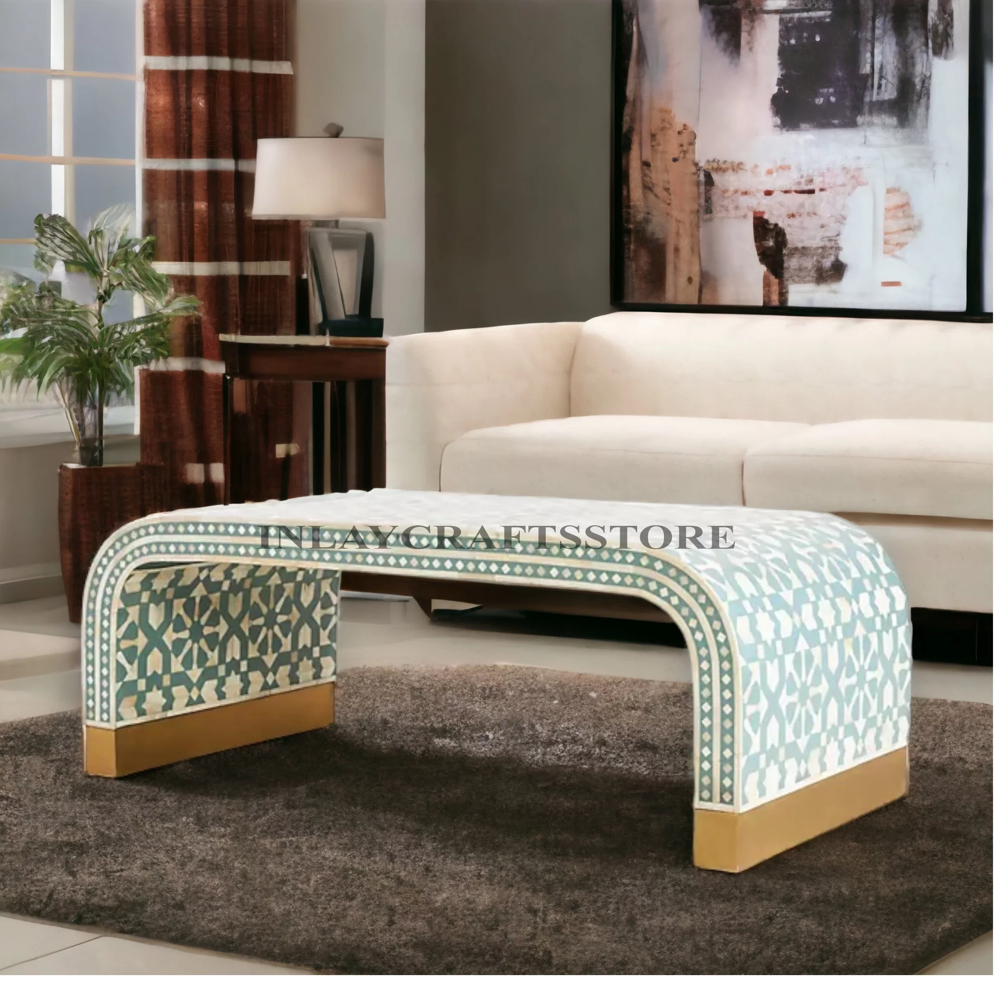 LAKECITY ARTS Bone Inlay Moroccan Design Waterfall Coffee Table Green, Bone Inlay Moroccan Design Waterfall Center Table Green, Bone Inlay Table