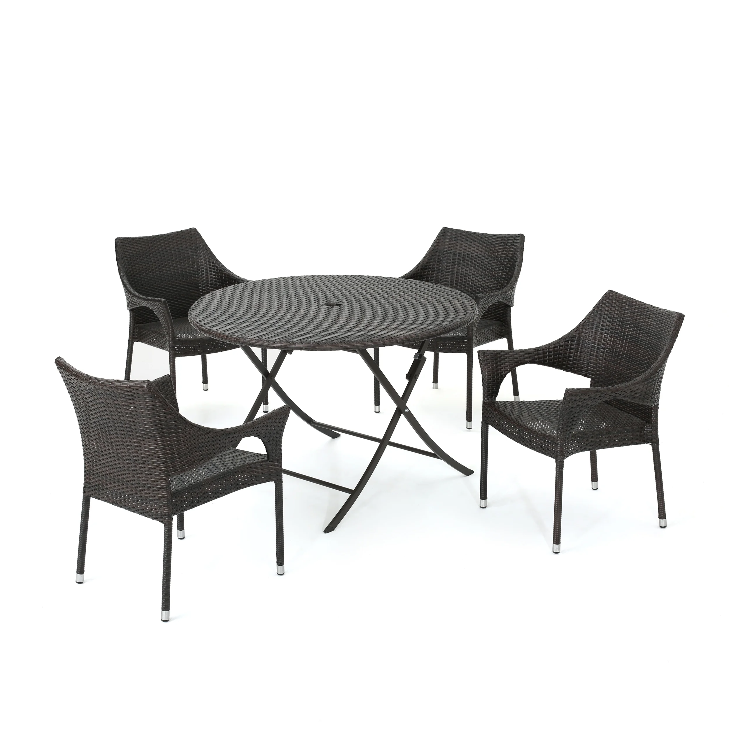 Outdoor 5 Piece Wicker Dining Set with Foldable Table and Stacking Chairs, Brown