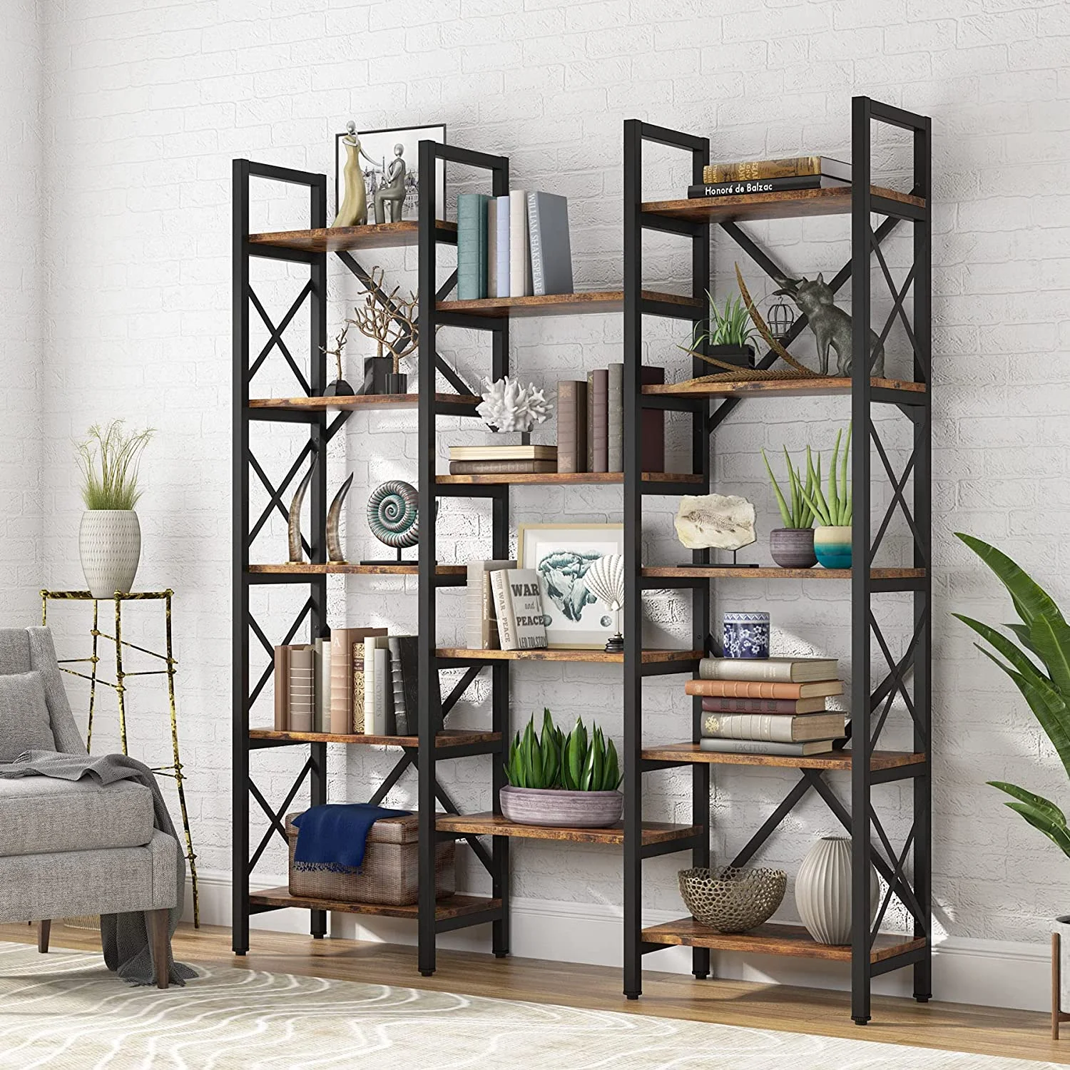 Triple Wide 5-Shelf Bookcase  Etagere Large Open Bookshelf Vintage Industrial Style Shelves Wood and Metal  Furniture for Home & Office  70 inch
